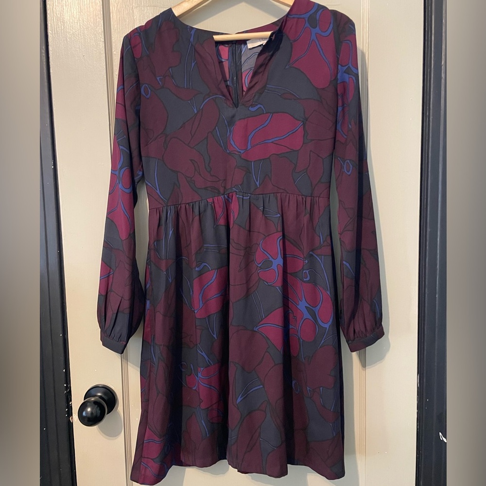 LOFT Burgundy Leafy Long Sleeve Dress